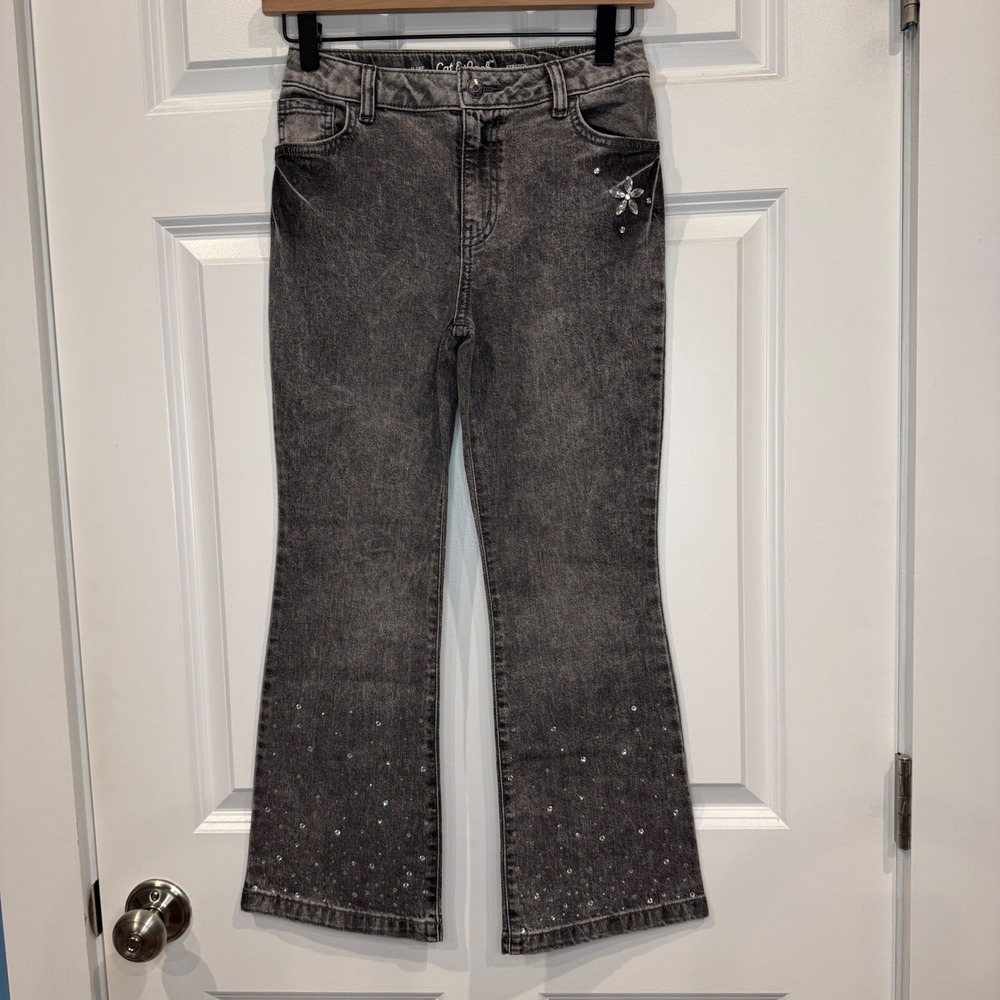 Cat & Jack Girls Flare Jeans Size 10 Gray Acid Wash Rhinestone Crystal Stretch